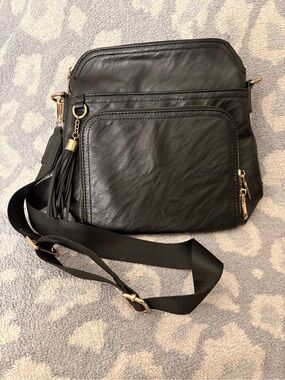 Black Tassel Crossbody Bag with Gold Accents